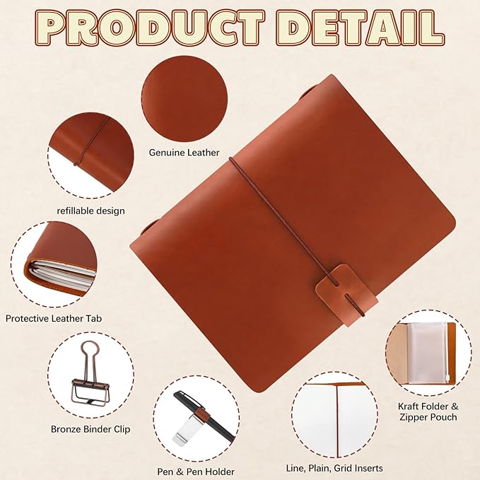 Thenshop Travelers Refillable Leather Journal Notebook Travel Diary Handmade Passport Travelers Journal for Men and Women with 3 Notebook Inserts, Pen Holder, Binder Clip(Brown,Passport Size)