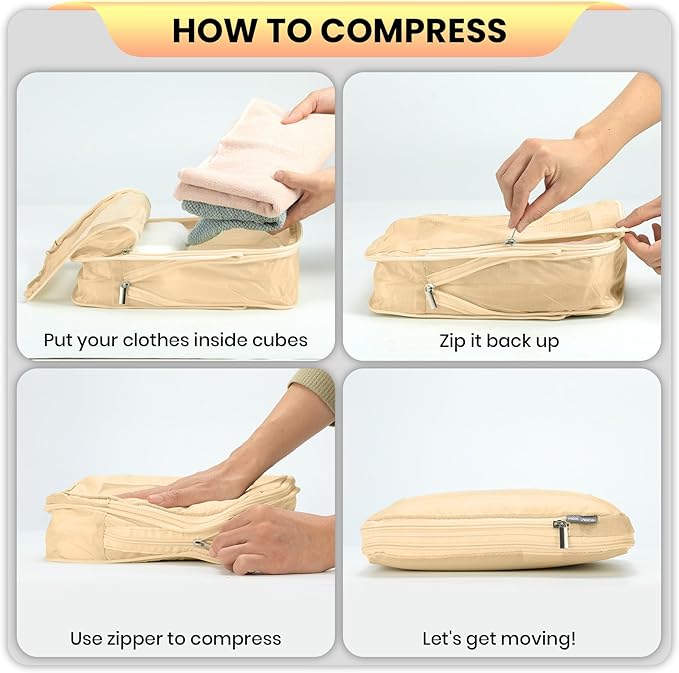 Small Compression Packing Cubes 4-Piece Set - Space Saving Travel Organizer Bags for Carry-On Luggage, Compressible Mesh Packing Cubes for Travel Women Ultralight