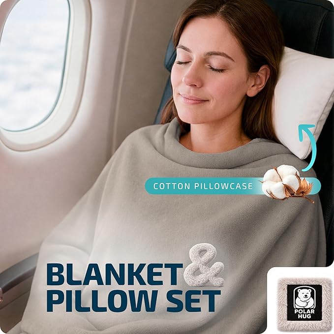 Travel Blanket and Pillow Set — Airplane Blanket with Inflatable Pillow and Cotton Pillowcase, Travel Blanket Combo with Back-Neck Snaps for Long Flights