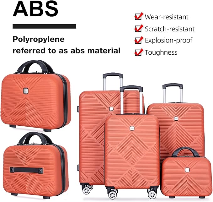 Luggage 4 Piece Set, Hardshell ABS Suitcase Set with Double Spinner Wheels, Lightweight Durable Luggage set, Carry On and Checked Travel Large Luggage, Orange