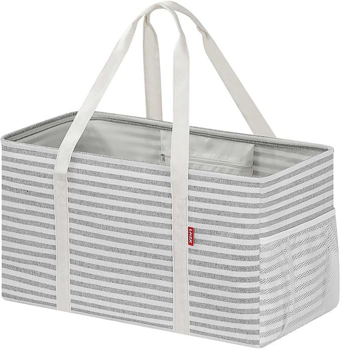 LHZK Standing Extra Large Utility Tote Bag with Metal Wire Frame and the Sides Rinforced, Extra Large Tote Bag with Handle, Reusable Grocery Bags Foldable, Beach Bag, Car Tote (Gray) | 22.5×10.5×12 inch