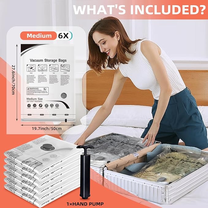 Vacuum Storage Bags, Space Saver Bags, Compression for Comforters and Blankets, Sealer Clothes Storage with Hand Pump. (6× Medium)
