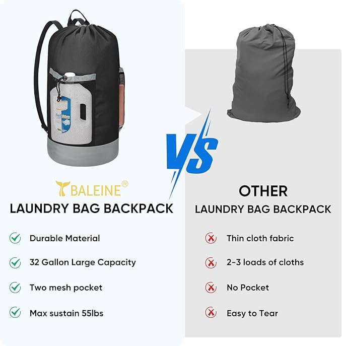 BALEINE 120L Laundry Bag Backpack, 900D Oxford Fabric Large Travel Laundry Bags with Shoulder Straps and 2 Mesh Pockets for College Dorm, Apartment, Laundromat (Black, 120L) (Pack of 2)