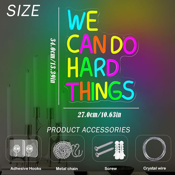 We Can Do Hard Things Neon Sign LED Motivational Light for Classroom Decor | Dimmable Positive Quote Neon Lights for Classroom, Gym, Kids Room, Library, Office, School Decor, Party Backdrop, USB powered