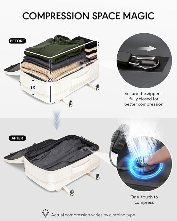 Dinictis Vacuum Seal Travel Backpack 60L Built-in Pump, Expandable Backpack with Vacuum Compression Fits 17 inch Laptop, Water Resistant Carry On Suitcase Luggage for Short Trip and Business-Beige