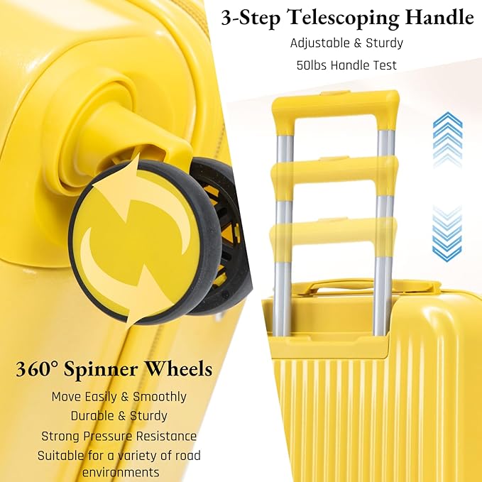 2 Pcs ABS Spinner Luggage Set - 14" Cosmetic Case & 20" Carry-On with Combination Lock, Front Opening Design, Yellow