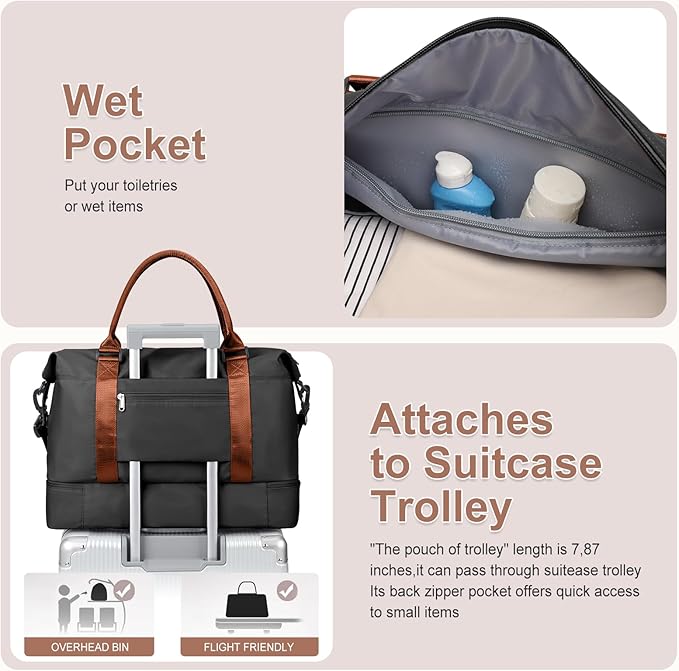 Large Weekender Bags for Women, Travel Duffel Bag with Shoe Compartment,Personal Item Travel Carry on Overnight Bag for Women Travel Set,Black & Brown