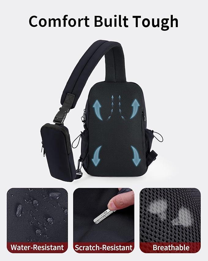 ECOHUB Anti-Theft Crossbody Bag Men Women, RFID Blocking Lightweight Sling Backpack Eco-Friendly with 9 Pockets Sturdy SBS Zippers Water Resistant for Travel Work Hiking Outdoor, Black