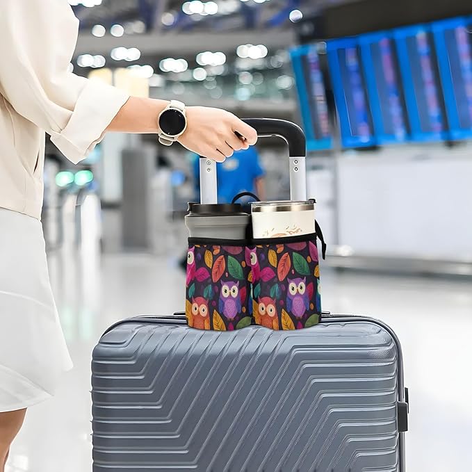 Luggage Cup Holder for Suitcases Free Hands Travel Cup Holder Portable Suitcase Cup Drink Holder Luggage Cup Caddy Bag Carrier Black Owl and Leaves