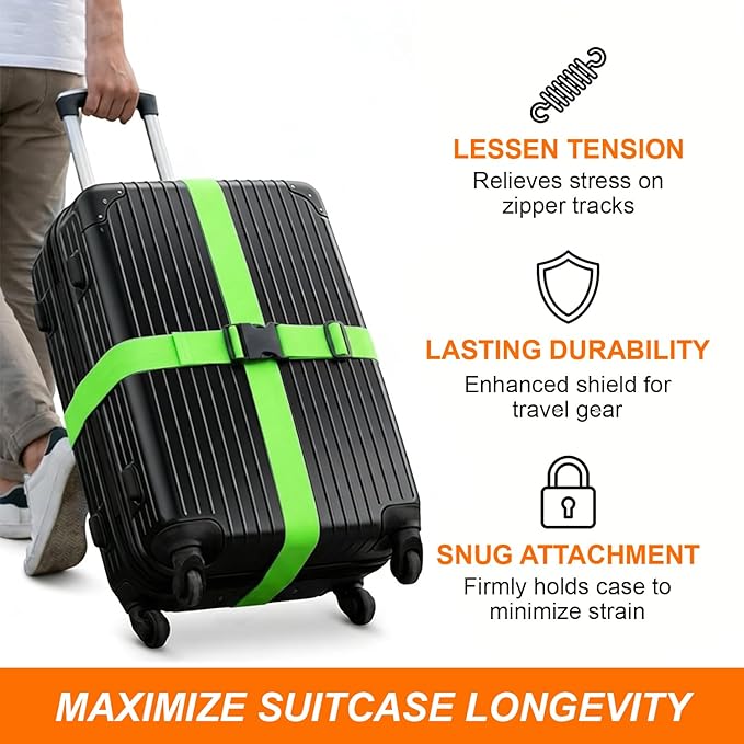 4 Pack Adjustable Luggage Straps for Suitcases – Secure Lock Travel Belts, 40''–78'' Fit, Easy Luggage Identification (Green)