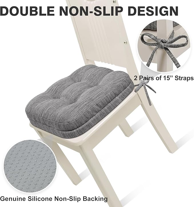 Shinnwa Kitchen Chair Cushions Set of 4, Dual-Layer Memory Foam Dining Chair Cushions, Patented Design Seat Pads with Ties, 16.5 x 16.5 x 3.5in, 4 Pack, Grey