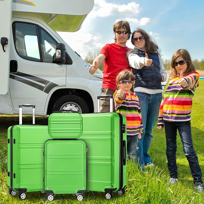 Kono 4 Piece Luggage Sets Expandable(only 28") with Spinner Wheels TSA Lock Lightweight PC+ABS Hardside Travel Rolling Suitcases 20in 24in 28in Carry on and 12in Mini Cosmetic Case Apple Green