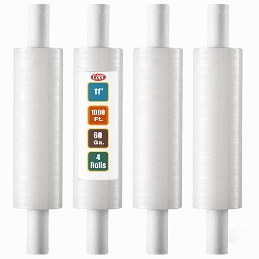 Stretch Wrap with Handle Industrial Strength 4 Pack 11" x 1000 Ft 60 Gauge Thick Shrink Wrap Roll for Moving Supplies, Furniture, Pallets, Plastic Wrap for Packing, Heavy Duty Stretch Film