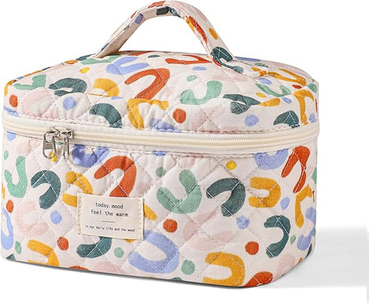 uekeboag Large Travel Quilted Makeup Bag for Women, Floral Cotton Cosmetic Bag, Coquette Aesthetic Floral Toiletry Organizer Bag