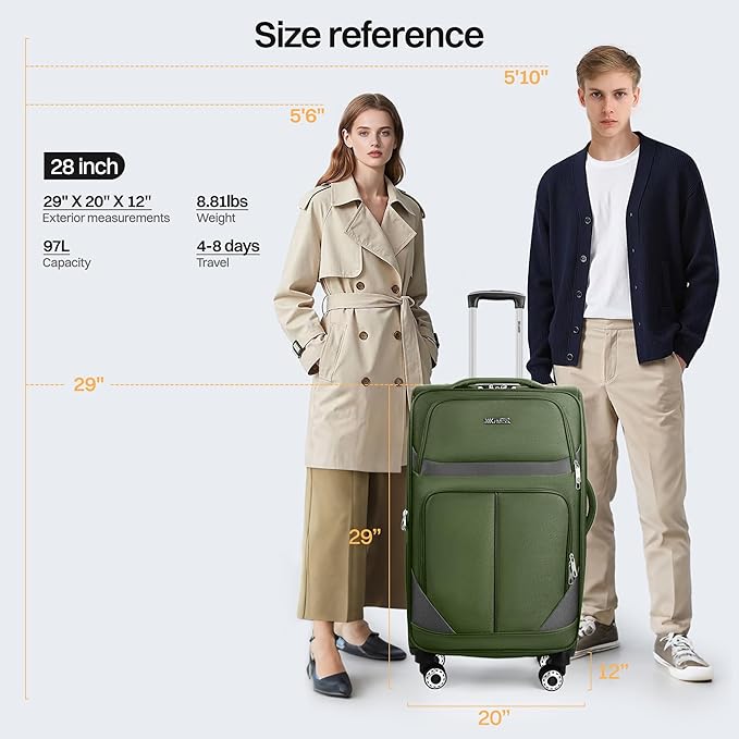 28" Large Softside Expandable 15% Checked Luggage with Double Spinner Wheels LOCK,Lightweight Travel Suitcase for Men/Women（Green-Grey,28in）