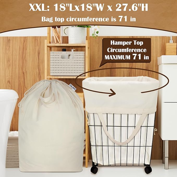 Canvas Laundry Bags with Handles & Square Base18"Lx18"Wx27.6"H, Extra Large Heavy Duty Laundry Basket Hamper Liner, Washable Drawstring Dirty Clothes Bag Canvas Storage Sack (Beige XXL,1 Pack)