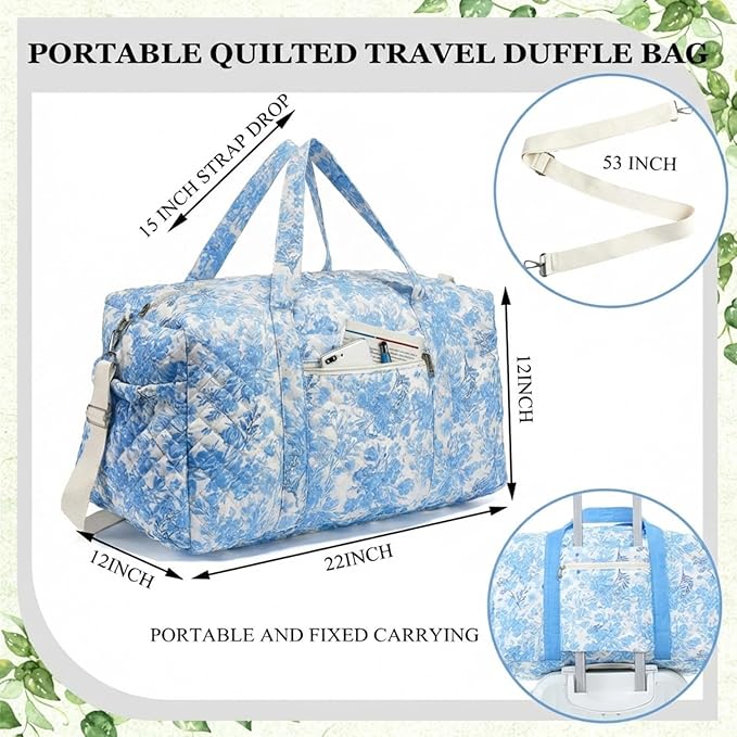 Large Quilted Travel Duffle Bag for Women Floral Portable Gym Weekender Bag with Zipper Pockets Workout Grocery Pouch Duffle Gift Pouch for Work(Blue Floral)