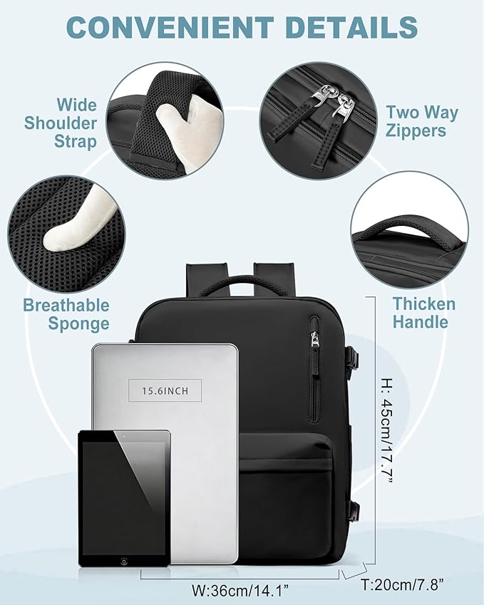VECAVE Travel Backpack for Women, Airline Flight Approved Carry On Backpacks Waterproof 14 Inch Laptop Backpack with Shoe Compartment Casual Daypack Black