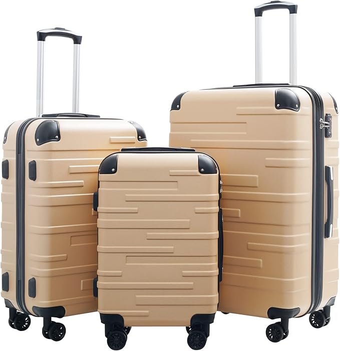 Coolife Hardside Luggage 3 Piece Set with TSA Lock, Spinner Wheels, Telescopic Handle, Lightweight Travel Suitcases (Champagne, 3 piece set)