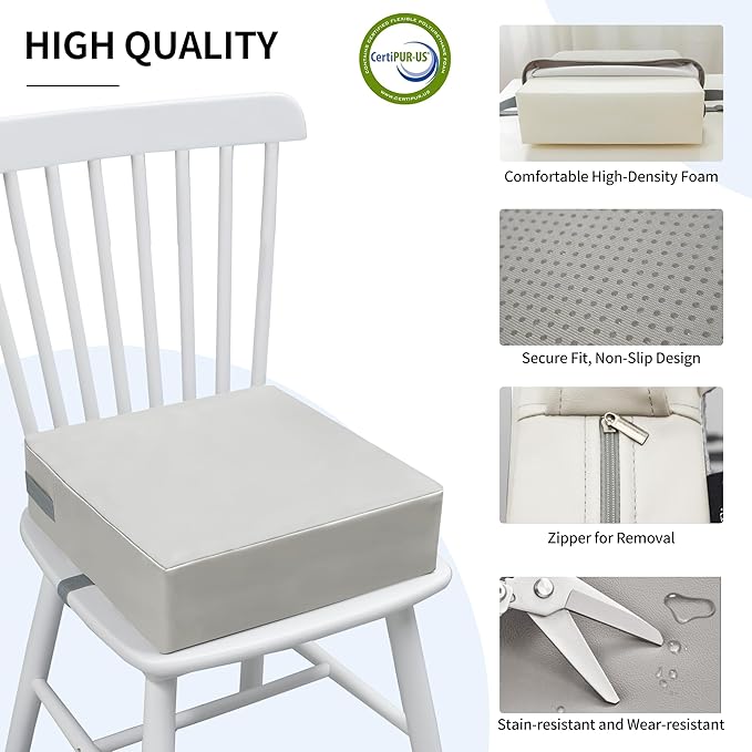 Toddler Booster Seat Dining Table Kitchen Chair, Waterproof Anti-Scratch PU Cushion, Non-Slip Bottom, Adjustable Buckle Straps, Easy Clean Portable Seat Cushion (Light Gray)