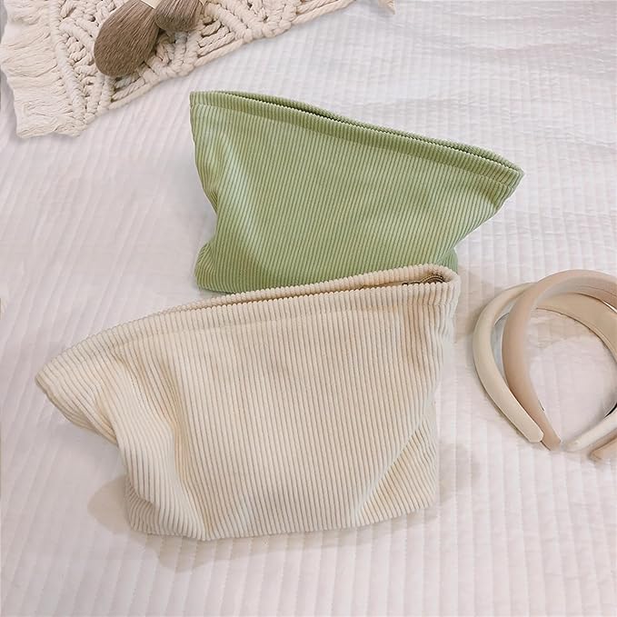 HAPPYHEIDI Large Corduroy Makeup Bag with Compartment Cosmetic Toiletry Travel Pouch Office Car Accessory Organizer, Soft Creamy White