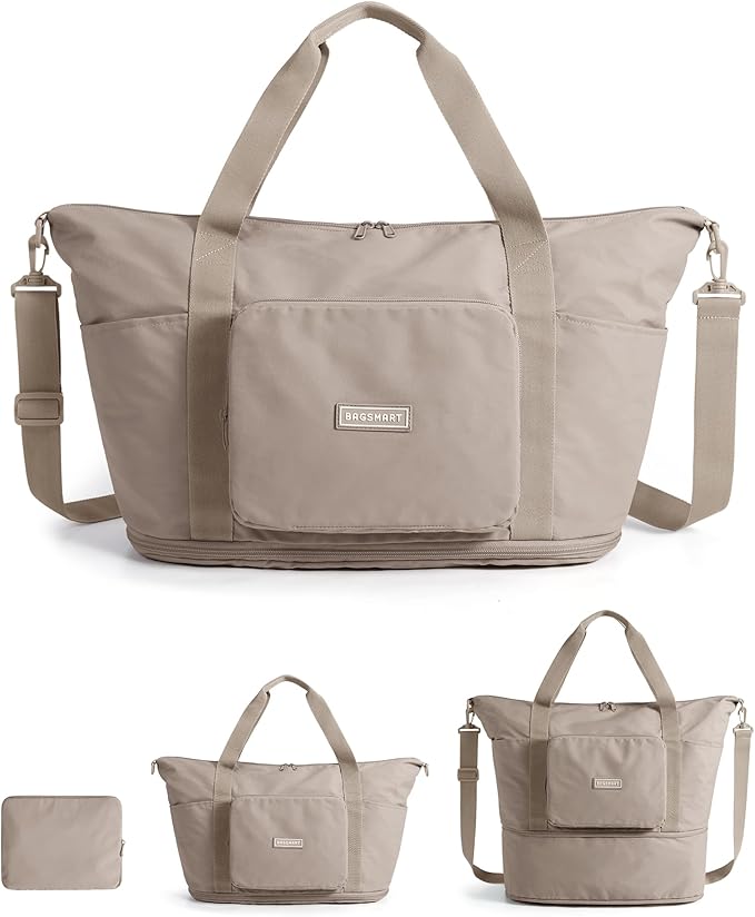 BAGSMART Foldable Travel Bag, 37L Duffle Bag for Travel, Expendable Carry on Weekender Duffel, Lightweight Personal Item Bag, Camel