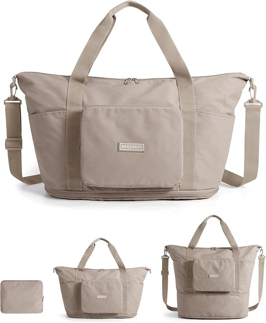BAGSMART Foldable Travel Bag, 37L Duffle Bag for Travel, Expendable Carry on Weekender Duffel, Lightweight Personal Item Bag, Camel