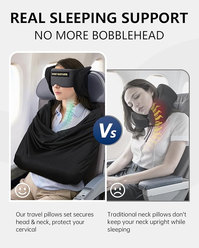 Travel Pillow and Blanket Set, Compact Airplane Pillow Bag with Eye Mask for Long Flights Sleeping, 360° Support Head Strap Travel Essentials for Plane Car Sleep Neck Upright, Stop Bobblehead (Grey)