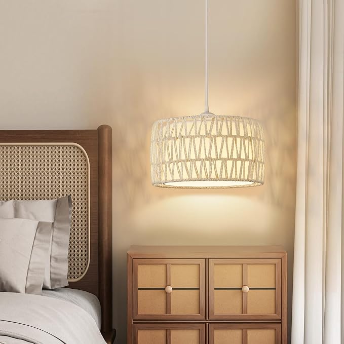 Plug in Pendant Light, Rattan Hanging Lights with Plug in Cord | Woven & Fabric 2 in 1 LampShade, Hanging Lamp Plug in for Bedroom Living Room Kitchen Island-Cream (Bulb Included)