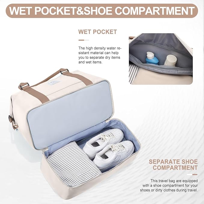 Weekender Bags for Women,Travel Duffle Overnight Bag with Shoe Compartment,Personal Item Carry On Bag,Beige & Brown,Extra Large,3 Pcs Set