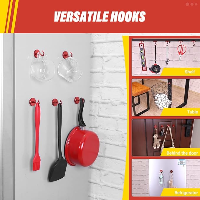 Neosmuk Magnetic Hooks Heavy Duty,Strong Magnet with Hook for Fridge, Super Neodymium Extra Strength Industrial Hooks for Hanging, Magnetic Hanger for Toolbox, Cruise, Grill(Red,6 Pack)