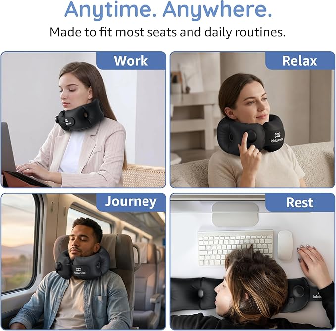 Inflatable Neck Pillow, Portable Travel Neck Pillow Airplane, Storable Black Neck Pillows Travel with Washable Cover, Adjustable Air-Fill Support