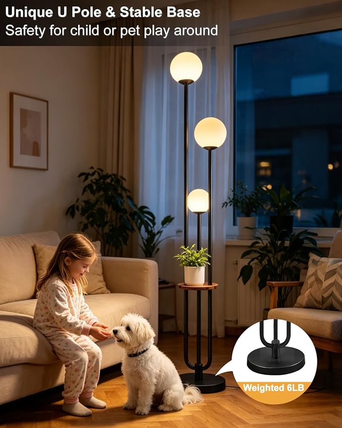 Lightdot Dimmable Floor Lamp for Living Room 3-Globe Standing Lamp with Table Candle Holder Style 3000K Warmwhite Bulbs Included Black Tall Lamps with 5Lbs Heavy Base for Sofa Beside/Corner Decor