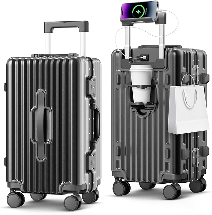 Carry on Luggage, 20 Inch Aluminum Frame PC Hardshell Suitcase with Cup Holder & Charger Port, Airline Approved Weekend Business Travel Case with Spinner Wheels, Tsa Lock