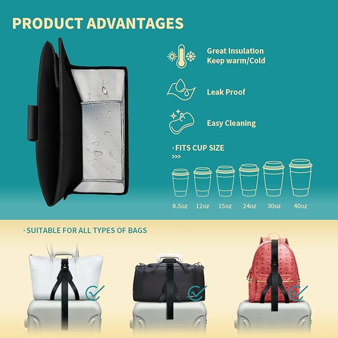 Travel Luggage Cup Holder, Liveagain Drink Caddy, Luggage Cup Holder Attachment, Free Hand Suitcase Drink Carrier for Drinks Beverages, Coffee, Bottles, Snack (Black)