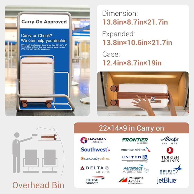 Kono Expandable 20 Inch Carry On Suitcase Airline Approved, Lightweight ABS+PC Hardshell Luggage with 360° Silent Spinner Wheels, Cream/Brown