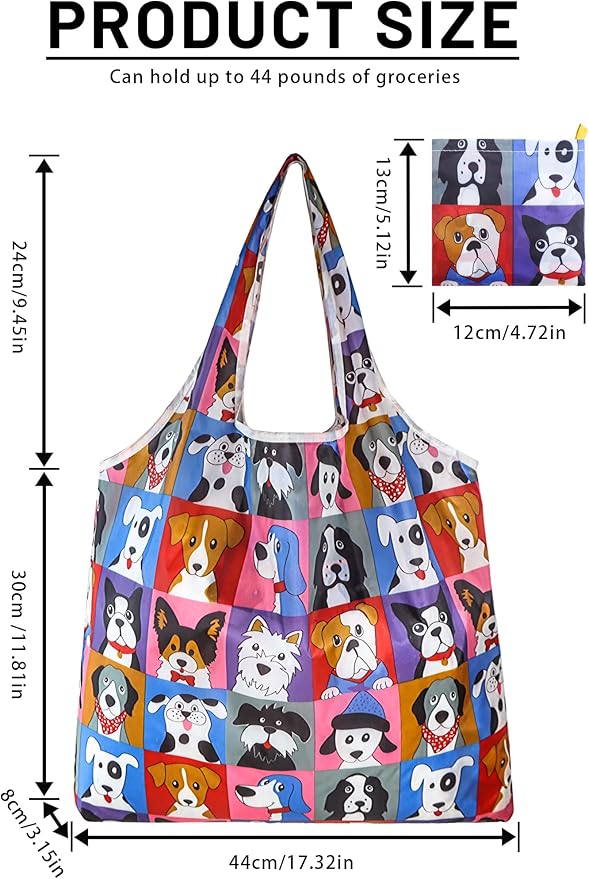 4 Pcs Reusable Grocery Bags, Foldable Shopping Bags Heavy Duty, Large Nano Bag Cute Tote Bag for Daily Shopping, Waterproof and Machine Washable (Animals)