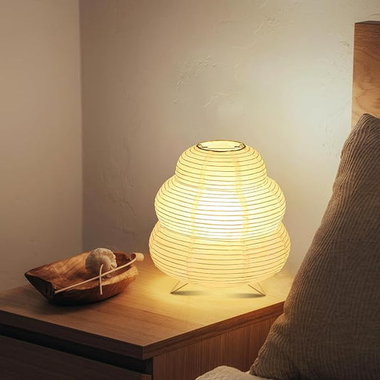 Paper Lantern Lamp, Akari Japanese Rice Paper Table Lamp | 3 Color Temperature LED Bulb Included, Cozy Japandi Style, Cute Wabi-Sabi Paper Lamp for Desk Bedroom Bedside
