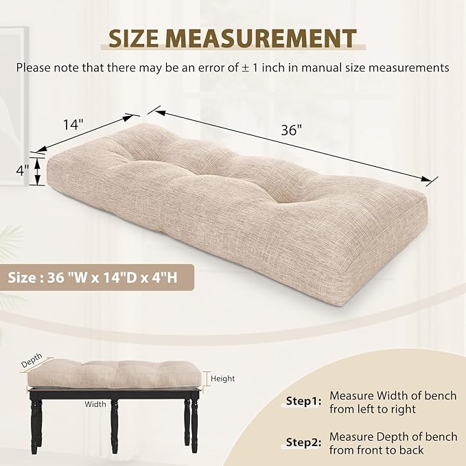 downluxe Indoor Bench Cushion for Indoor Furniture, Non-Slip Tufted Overstuffed Textured Foam Bench Seat Cushion, 36" X 14" X 4", Oatmeal Beige, 1 Pack