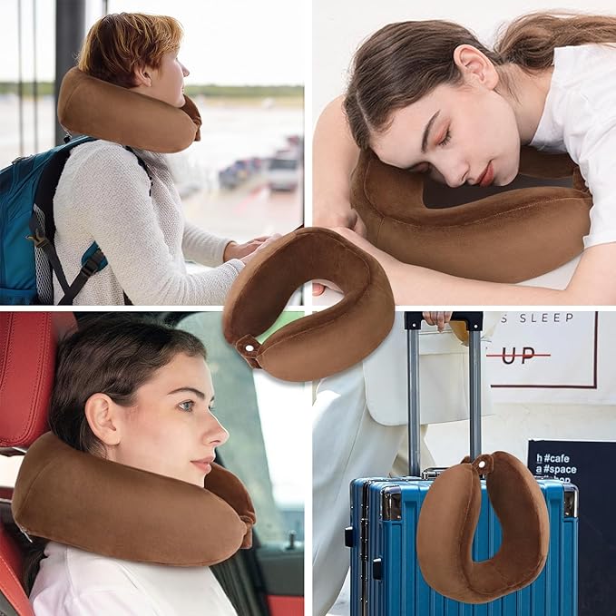 Neck Pillow Airplane Soft Travel Pillow for Traveling Sleeping Adjustable Memory Foam Neck Support Pillows for Cars Trains Offices Home Use Brown