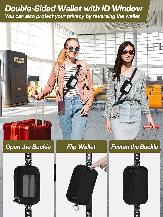 Tiostep Clip and Go Strap for Phone with Wallet Crossbody Phone Lanyard Adjustable and Detachable RFID Wristlet Wallet with ID Window and Zipper, Black(L)