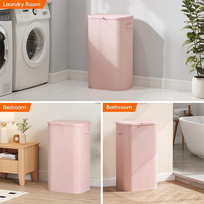 Lifewit 105L Large Laundry Basket with Lid, Laundry Hamper with Plastic Handles and Removable Bag, Foldable Tall Dirty Clothes Hampers for Laundry for Laundry Room, Bedroom, Bathroom, Dorm, Pink