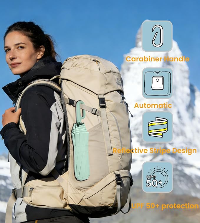 SIEPASA Travel Umbrella with Carabiner Handle - Windproof 10 Ribs Auto Open/Close for Rain & Sun Protection, Compact Portable Clip-on Backpack Design with Safety Reflective Strip.