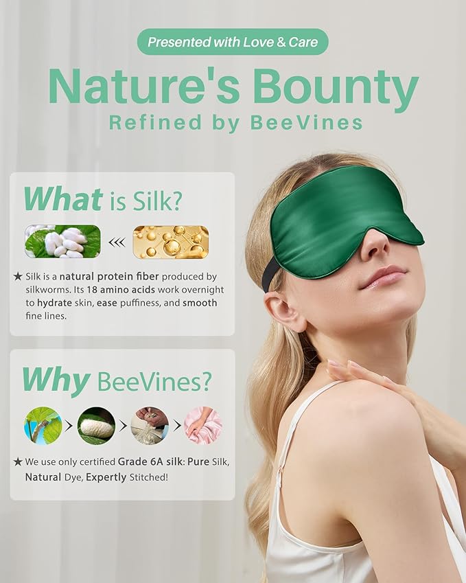 BeeVines 100% Real Mulberry Silk 2 Pack Sleep Mask, Pure Silk Eye Masks with Adjustable Strap for Sleeping, 100% Block Light Eye Shade Cover, Reduces Puffy Eyes Traveling Gifts(Black & Green)