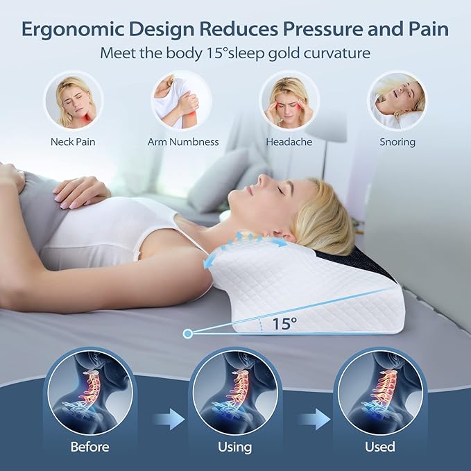 HOMCA Cervical Contour Memory Foam Pillow for Pain Relief, Orthopedic Neck Bed Pillow for Side Sleepers Back and Stomach