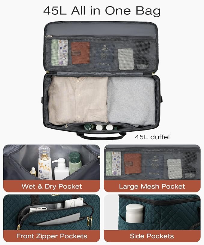 Travel Duffle Bag, Wide Open Large Weekender Bag for Women with Shoe Compartment, Carry on Overnight Bags with Toiletry Bag, Hospital Bag for Women Labor Delivery with Wet Pocket (Dark Green)