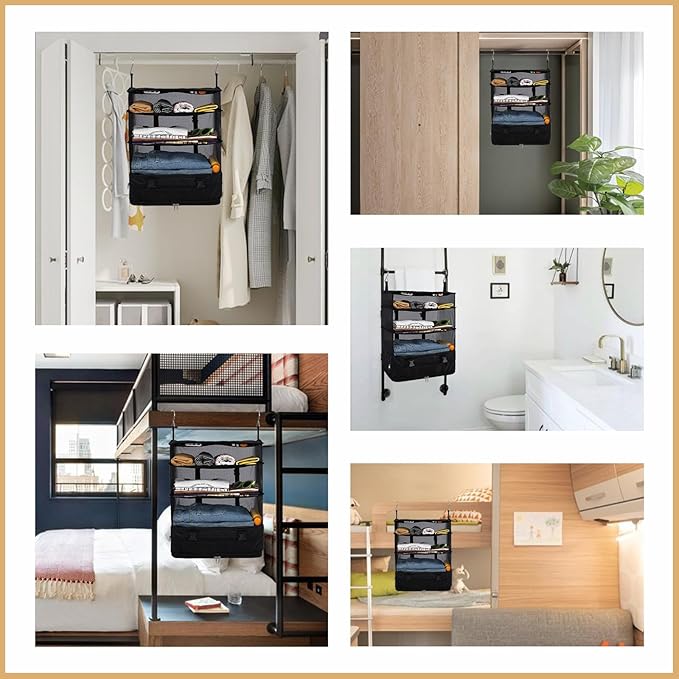 Surblue Hanging Closet Storage Bag Collapsible 3-Shelf Washable Oxford Fabric with 2 Hooks (XL 17.71 * 11.81 * 20in, Black)