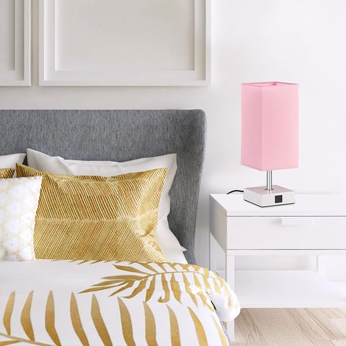 Touch Control Table Lamp with 2 USB Charging Ports, 3 Way Touch Lamps Beside Desk, Nightstand Lamp for Bedrooms Living Room, Pink Shade with White Base, LED Bulb Included(Pink) | 3-Way Dimmable, 3000K LED Bulb Included, Square Pink Shade White Base, Cu...