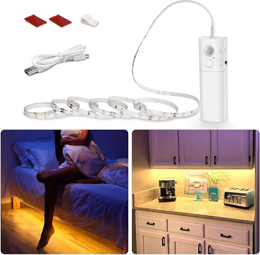 WOBANE Motion Activated LED Strip Light, Rechargeable Closet Lighting 2700K | Magnetic Battery Box with 6.56ft LED Strip,60 LEDs Homelife Sensor Bar for Wardrobe,Stair,Pantry,Counter,Bed,Door,Warmwhite