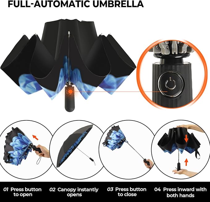 ZDSSM Compact Inverted Travel Umbrella, Automatic Open Close, 9-Rib 46 Inch Windproof Umbrella, Waterproof UPF 50+, Portable Umbrellas for Men, Women, Travel, and Daily Use